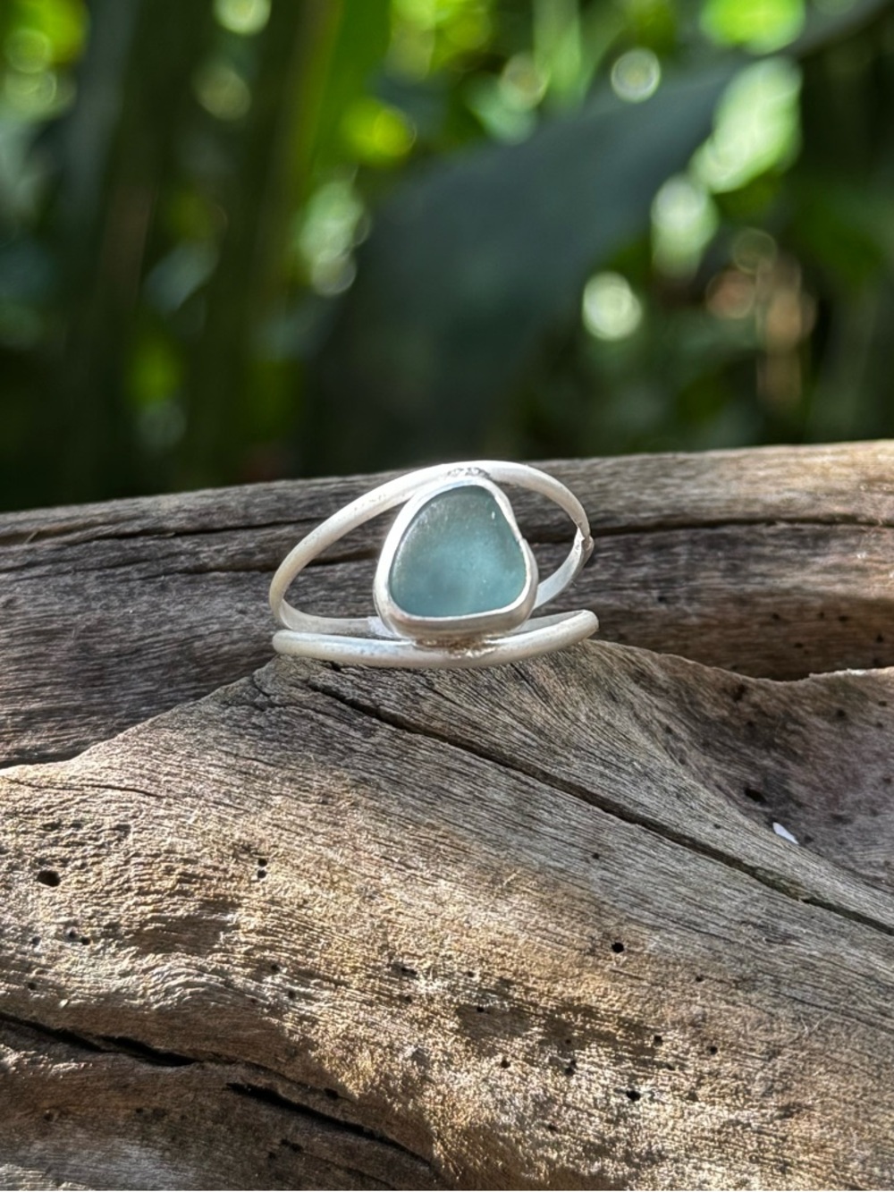 Aqua sea glass sterling & fine silver double band handmade coastal jewelry - Picture 3 of 3